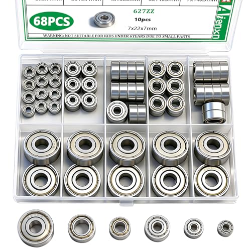 Aienxn 68PCS Ball Bearing Kit, 6 Sizes-693ZZ,623ZZ,624ZZ,685ZZ,687ZZ,627ZZ Carbon Steel Deep Groove Ball Bearings, Double Shielded Bearings, Small Bearings for High-Speed Brushless Motors, Fan Bearing