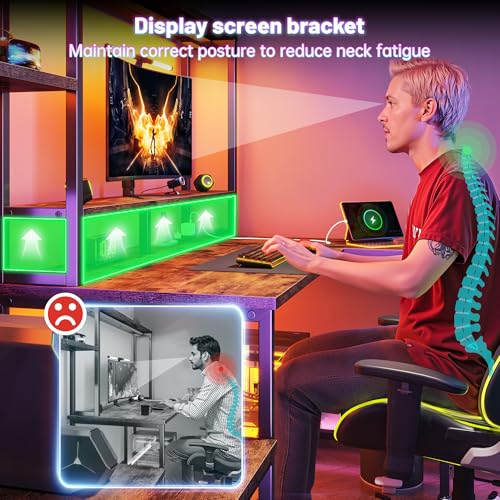 Image of DurayLoly Computer Desk with Hutch,Power Outlets and RGB Light to Protect Eyes,Teen Desk with Shelves for Bookshelf,Reversible Workstation with Printer Space and Monitor Stand for Small Room,Brown