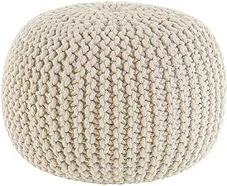Sweet Needle - Hand Knitted Twisted Cable Style Round Dori Pouf, Floor Ottoman, Ivory, Cotton Braid Cord - Handmade & Hand Stitched - Comfortable Seat Footstool - 50 cm Diameter x 35 cm High