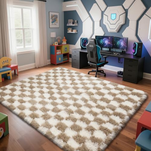 Checkered Rug for Bedroom, 5x8 Beige and White Area Rugs,