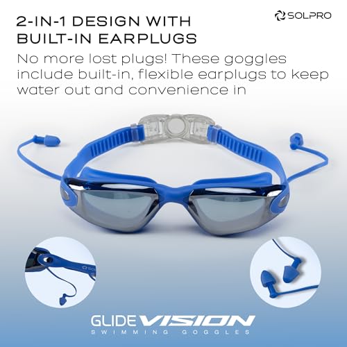 Image of Solpro Glide Vision Unisex Adult Swimming Goggles for Women,Men,Boys,Girls,Teenagers,Athletes,Swimmers|2 in 1 with Built In Earplugs for Training,Competition in Pool,Beach,Water Sport,Activties