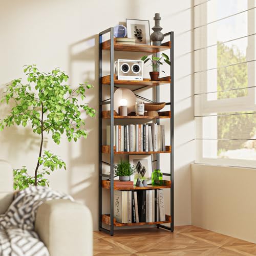 Luckyeestar 6-Tier Bookshelf, Industrial Bookcase, Office Shelf Storage Organizer, Free