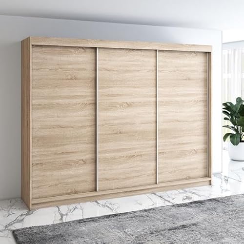 A&J MöbelLand Mero Schwebetürenschrank 200 cm, Kleiderschrank 3-türig mit 4 Schubladen (Sonoma)