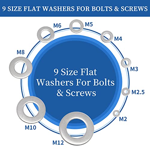 Electrapick 680PCS 304 Stainless Steel Flat Washers Assortment kit, 9 Sizes Washers (M2, M2.5, M3, M4, M5, M6, M8, M10, M12) for Screws Bolts, Fender Washers Set, Assorted Hardware Lock Metal Kit