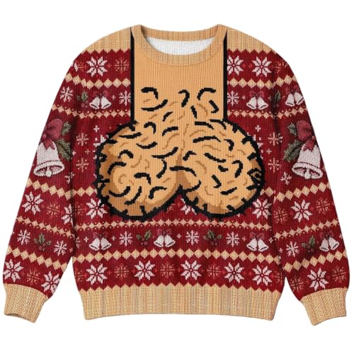 Ugly Christmas Sweater for Men Novelty Funny Hairy Body Print Party Sweater | Xmas Funny Long Sleeve Fashion Casual Santa Claus Costume All Over Print Pullover Holiday Gift #01 Red Small - image 4