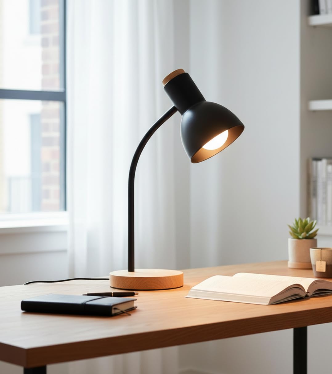 BEL AIR HOME | Lámpara flexo de escritorio ARGOS | 40 cm, negro, madera natural y metal | Cuello flexible, base antideslizante, cable con interruptor | Iluminación eficiente y elegante