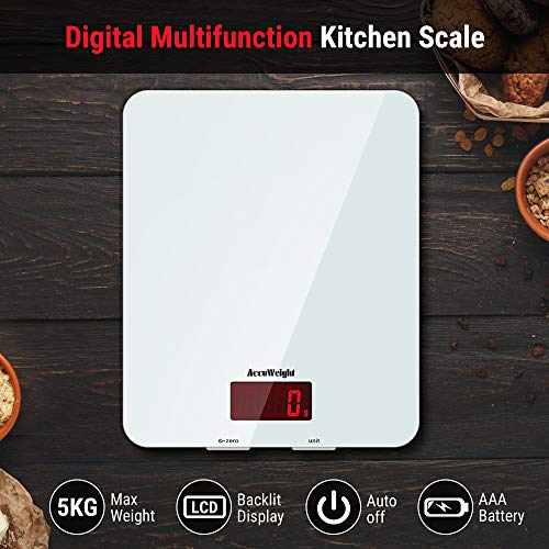 ACCUWEIGHT-Bascula-Digital-de-Cocina-con-Superficie-de-Vidrio-Templado-5kg11-lbs-Balanza-Alimentos-Multifuncional-con-Pantalla-LCD-para-Peso-de-Comida-Alta-Precision-hasta-1g-Blanco