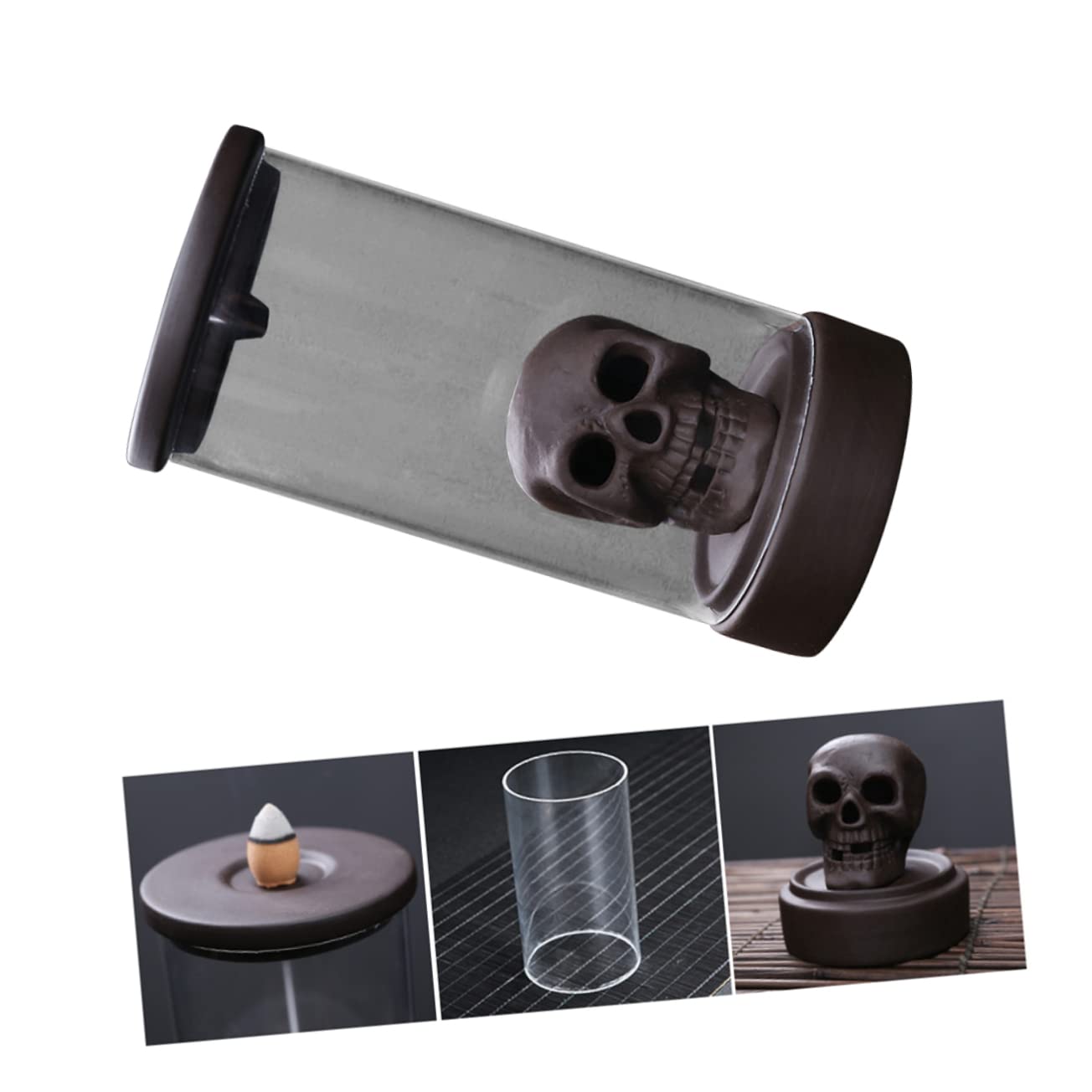 Aromabrenner in Totenkopfform aus Keramik, Halloween Geschenkideen | Räuchergefäßhalter, Coffee Farbe, für Meditation, Schlafzimmer und Yoga Raum, Rückfluss Brennen