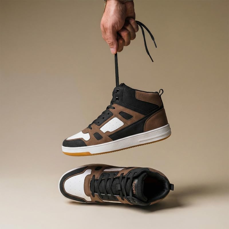 Image of WALKAROO High Top Casual Sneakers for Men's|Stylish and Comfortable|Cushion Insole and Slip-Resistance Outsole|Perfect Casual Wear|WY3466 Black Brown