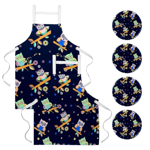 Tablier de serveuse élégant motif hiboux pour restaurant et pâtisserie