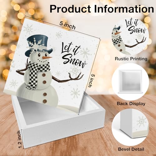 Image of Winter Decor, Snowman Let It Snow Wood Box Sign, Farmhouse Christmas Home Office Decorations for Desk Table Shelf 5 X 5 Inches