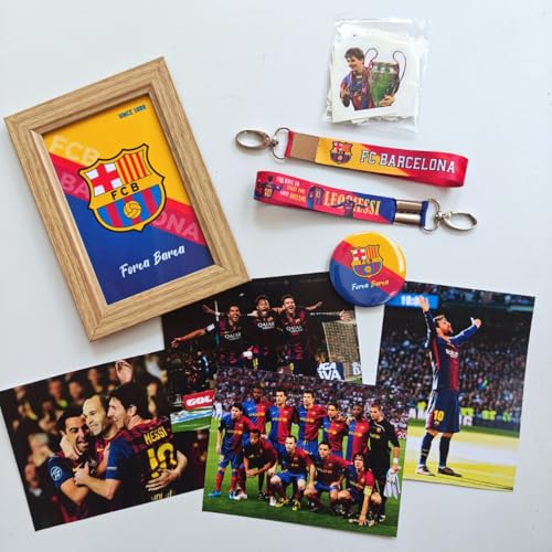 Image of TenorArts Barcelona Gift Box Merchandise for Fans - 5x7 Inches Laminated Photo Frame,2 Keychain, 1 Badge, 4 4x6 inches Sized Posters, 15+ Multi sized Players Stickers - 5 items in 1 Box (Barcelona)