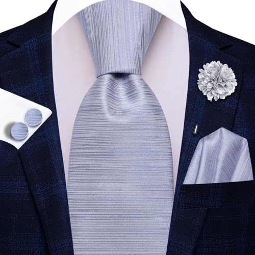 Image of Hi-Tie Men Silk Ties Set with Flower Lapel Pin Necktie Pocket Square Cufflinks for Tuxedo Wedding Business
