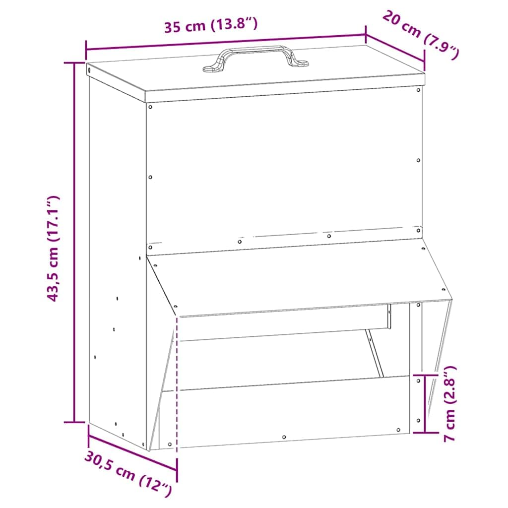 Comedero para pollos verde oliva de acero laminado en frío, 35 x 20,5 x 43,5 cm, resistente a la intemperie, con techo y asa de tapa, para interior y exterior, práctico comedero para aves