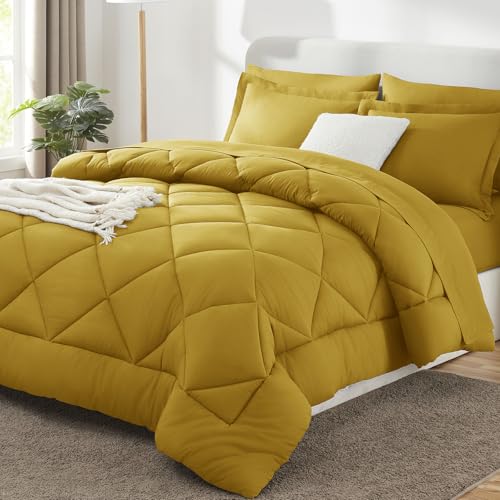 Image of CozyLux Full Size Comforter Sets Mustard Yellow - 7 Pieces Bed in a Bag Full, Luxury Soft Bed Set for All Seasons, Bedding Set with Down Alternative Comforter, Sheets, Pillowcases & Shams