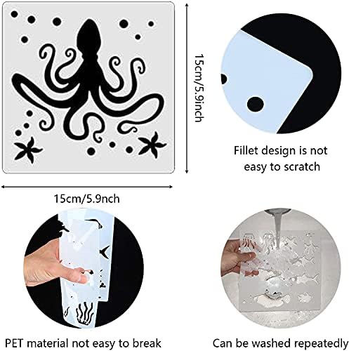 LYPER 22Pcs Sea Ocean Creatures Stencils Kit,6x6inch Reusable Sea Animal PaintingTemplates Include Seaweed/Fish/Dolphins/Turtles etc.Pattern Drawing Stencil for DIY Bathroom Home Decor School Projects