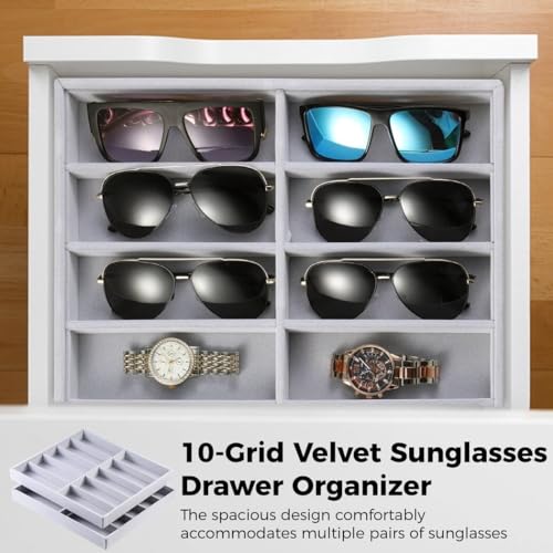 Homaisson 2 PCS Sunglasses Organizer Tray,10-Grid Velvet Sunglasses Organizer Tray, Watches Jewelry Display Box, Glasses Organizer Tray, sunglass organizer drawer, Vanities (14.2 x 12.6 inches)2