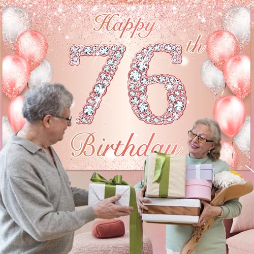 Image of Happy 76th Birthday Rose Gold Banner Cheers to 76 Years Old Backdrop Confetti Balloons Theme Decor for Women 76 Years Old Pink Birthday Party Decorations Bday Supplies Background Favors Gift Glitter