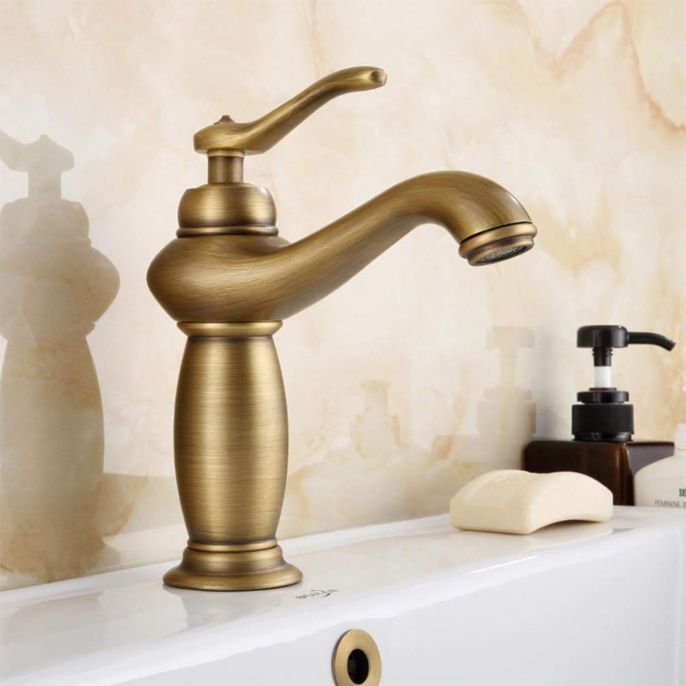 Rubinetto Lavabo Rubinetto Bagno, Stile Anticato Vintage Ottone Monocomando Miscelatore Bagno, Miscelatore Lavabo, Bronzo