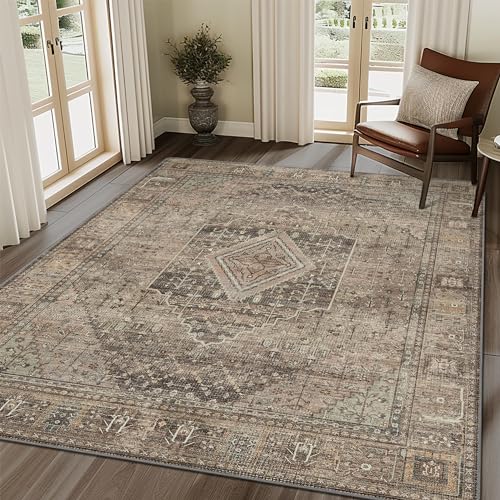GENIMO 3x5 Vintage Area Rug, Machine Washable, Non Slip & Low Pile Lightweight for Living Room, Entryway, Bedroom, Kitchen, TAN