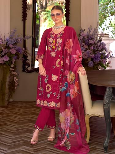 Image of INDO ERA Women's Silk Blend Floral Embroidered Thread Work Kurta & Pant with Dupatta Set (IEOUT13230)
