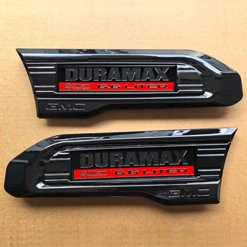 Image of 2pack OEM 2020-2023 Duramax 6.6L Liter Allison Diesel Vent Emblem Right Left 3D Nameplate Badge Replacement for Sierra 2500HD 3500HD 84586287 84586288 (Gloss Black Red)