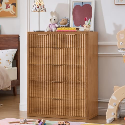 Image of LEYAOYAO Fluted 6 Drawers Dresser for Bedroom, 42 inch Tall Modern Chest of Drawers with Metal Handle,Curved Profile Design,Wood Drawer Organizer for Bedroom, Living Room, Hallway, Brown