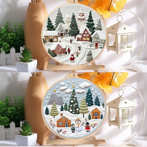 Image of Offizon Christmas Embroidery Kit for Beginners, 2 PCS Starter Cross Stitches, Winter Night Santa Handicrafts, Merry Chistmas