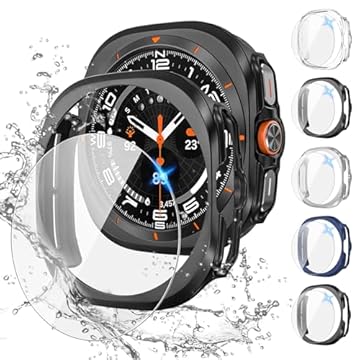 Tensea [Pacote com 5 + 5 para Samsung Galaxy Watch 7 Ultra capa protetora de tela acessórios de 47 mm, amortecedor de PC rígido/película protetora de vidro temperado HD antiembaçamento, conjunto de