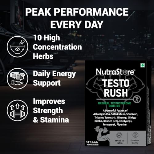 Image of NutraStore TestoRush Mini (Pack of 2) | Testosterone Supplement for Men | 10-Powerful Herbs | Ashwagandha, Safed Musli, Ginseng, Tribulus & Cordyceps | Energy, Vitality & Stamina | 20 Veg Tablets