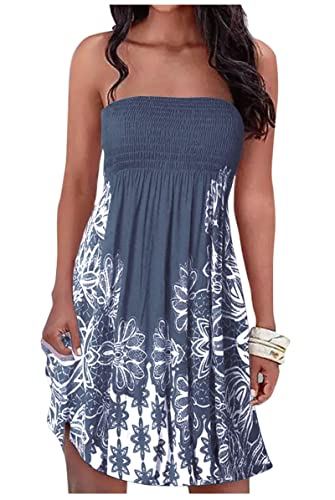 Image of Summer Dress for Women Beach Floral Cover Ups Spaghetti Strap Sundress Smocked Strapless A-Line Mini Dresses