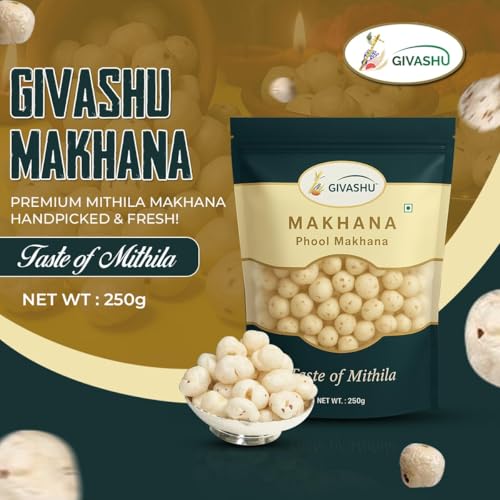 Image of 250 gm GIVASHU Authentic Mithila Unpolished Hand-Picked Phool Makhana | 100% Natural & Gluten-Free Foxnuts | High Protein & Fiber, Low Calorie Weight Loss Superfood
