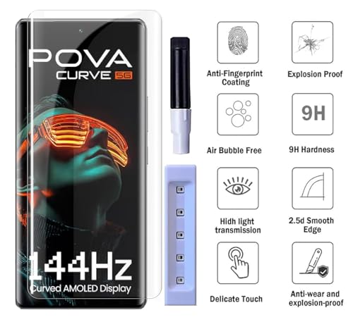 Image of FabeKee UV Tempered Glass Screen Protector Guard Compatible For Tecno Pova Curve 5G (6.78 Inch, Pack of 1) Full Adhesive UV Curved Case Friendly HD+ Clarity with easy installation kit