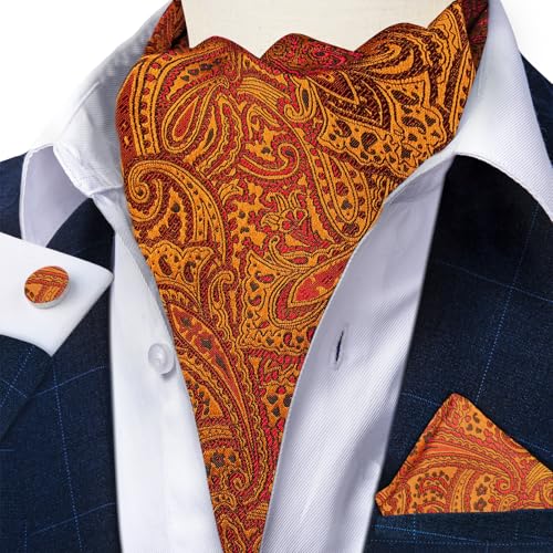 Image of DiBanGu 3PCS Ascot Ties for Men Wedding Jacquard Woven Silk Ascot Cravat for Men Cravat Tie and Pocket Square Set
