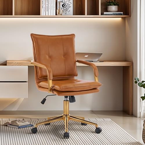 MOJAY Mid-Back Ergonomic Leather Office Chair, Modern Upholstered Executive Desk Chair with Gold Frame Armrest Computer Task Chair (Camel)