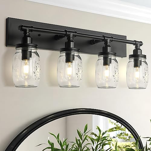 LMSOD Bathroom Wall Light Fixtures, Industrial Mason Jar Vanity Light, Wall Sconce with Black Finish(4 Light)