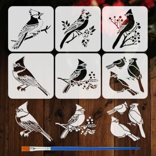 FINGERINSPIRE 6Pcs Pochoirs Oiseaux Avec Pinceau Plastique 20x20 cm - Pochoir Silhouette D'Oiseaux, Modèle Branche et Oiseau, Thème Animalier pour Dessin et...