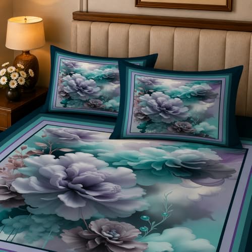 Image of 7D Digital Printed King Size Bedsheet with 2 Pillow Covers | Soft Premium Cotton Feel Microfiber Double Bed Bedsheet |Breathable,Wrinkle Free & Fade Resistant|(BlueFloral, KingSize-225x250CM)