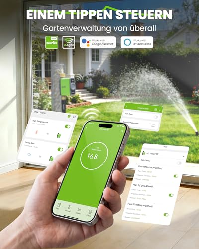 RAINPOINT Bewässerungscomputer WLAN mit Messing Einlass und Auslass, Smart Bewässerungssteuerung, APP/Sprachsteuerung, Wetterbasiert, Automatisches Bewässerung für Garten Rasen, 6 Zeitplänen