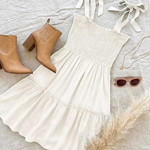 Zesica Women's 2023 Summer Spaghetti Strap Sleeveless Square Neck Ruffle A Line Swing Mini Dress,Ivory,Medium #TOP6