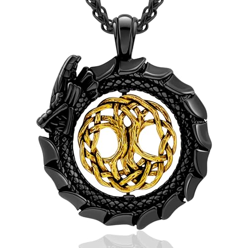 Dragon Necklace 18K Gold Plated/Black Metal/Stainless Steel Norse Tree of life Talisman Viking Dragon Pendant Necklace Lucky Amulet, Retro Yggdrasil Viking Jewelry Gift for Men and Women with Gift Box