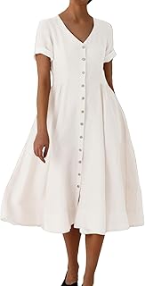 Women's Summer Fit and Flare Swing Cotton Dress Casual V-Neck Button Dow...