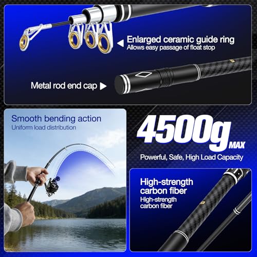 Angelset mit 2 Teleskop-Angelruten, 1,8m Kohlefaser-Angelrute Set Komplett 2 5.2:1 Spinnrolle, Köderbox & Tragetasche für Salzwasser Süßwasse Fishing