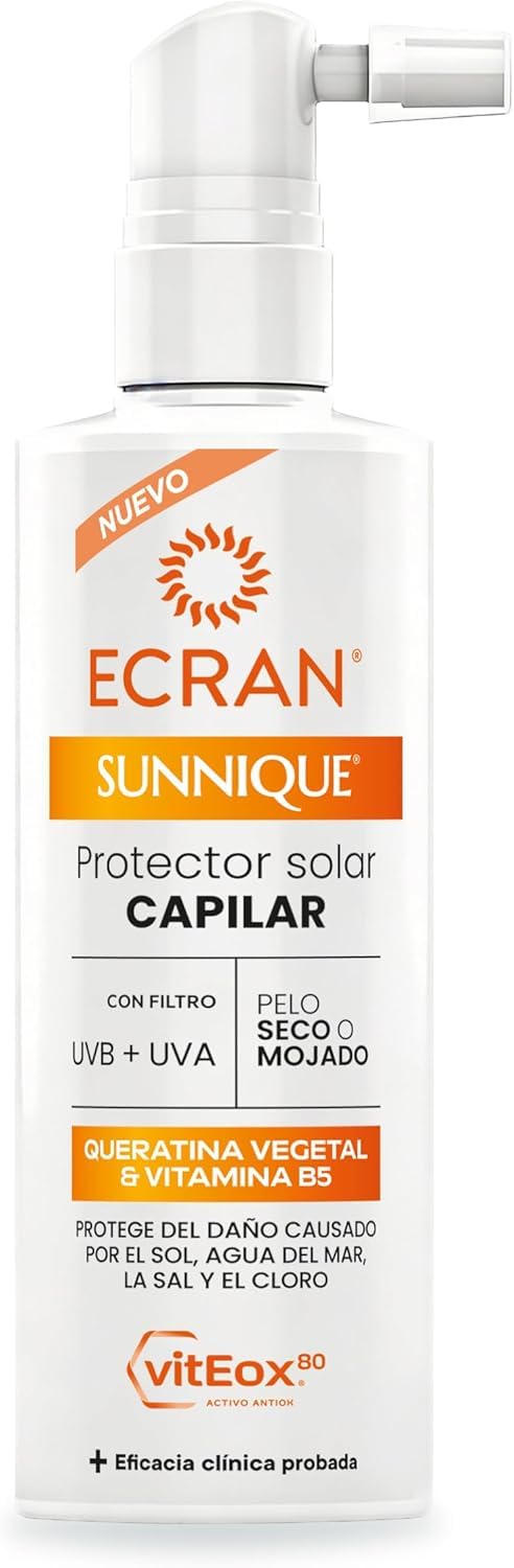 Ecran Sunnique - Spray solare per capelli, con cheratina vegetale e vitamina B5, protegge dal sole, acqua di mare e cloruro, 100 ml