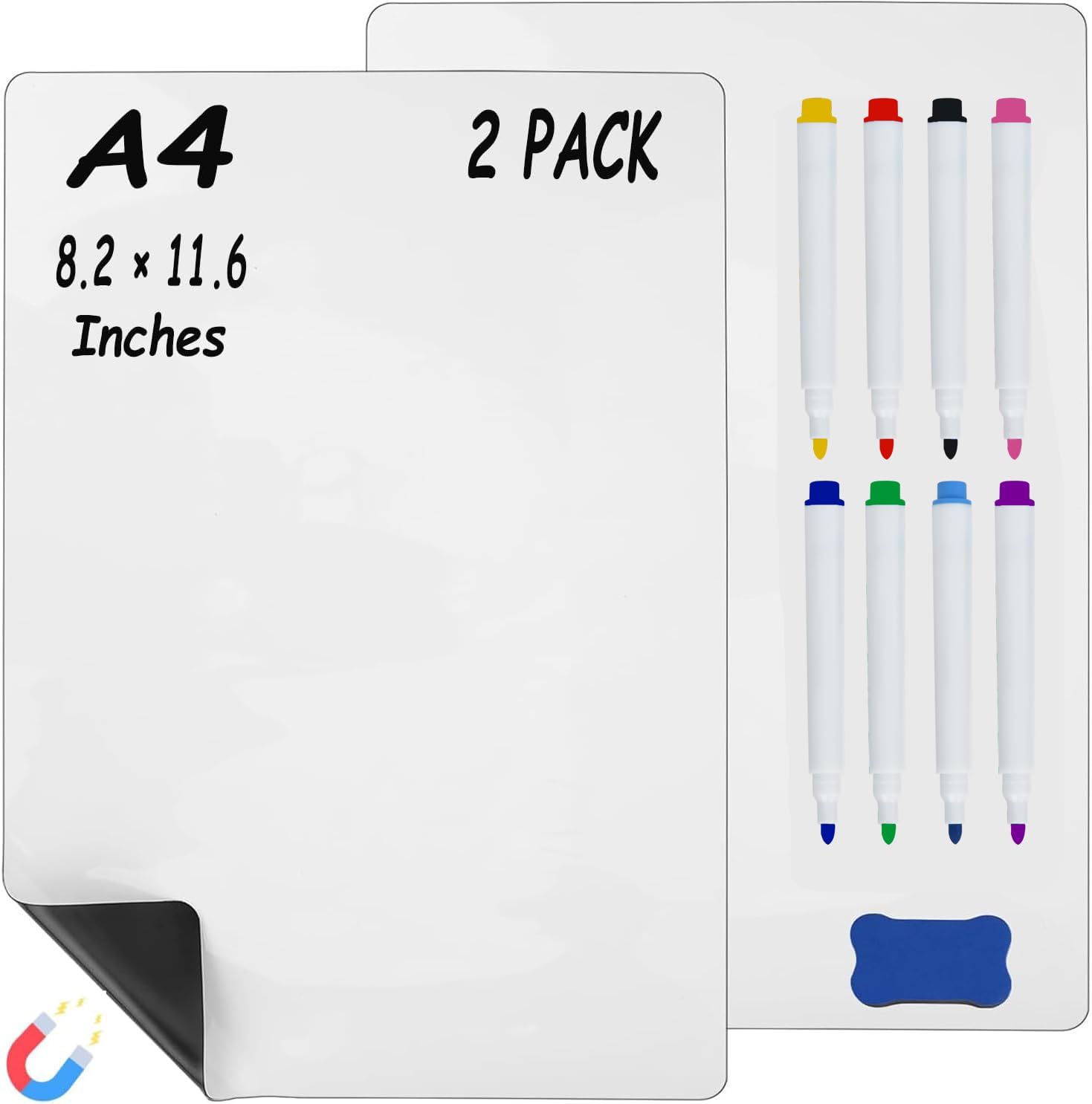Hiziwimi A4（11.6x8.2 Inch） 2 Pcs White Magnetic Dry Erase Whiteboard for Fridge,Small Fridge Message White Boards 8 Markers,1 Eraser,Grocery List Reminder Sticker