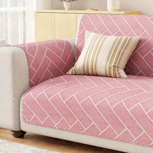 Image of Lukzer 3 Seater Sofa Cover Quilted Reversible WaveEdge Ultrasonic Cut Sofa Mat with Back and Hand Rest Covers - Brick Bloom - Washable Sofa Protector for Modern Living Room 180 x 150 CM /SC-201-03WB