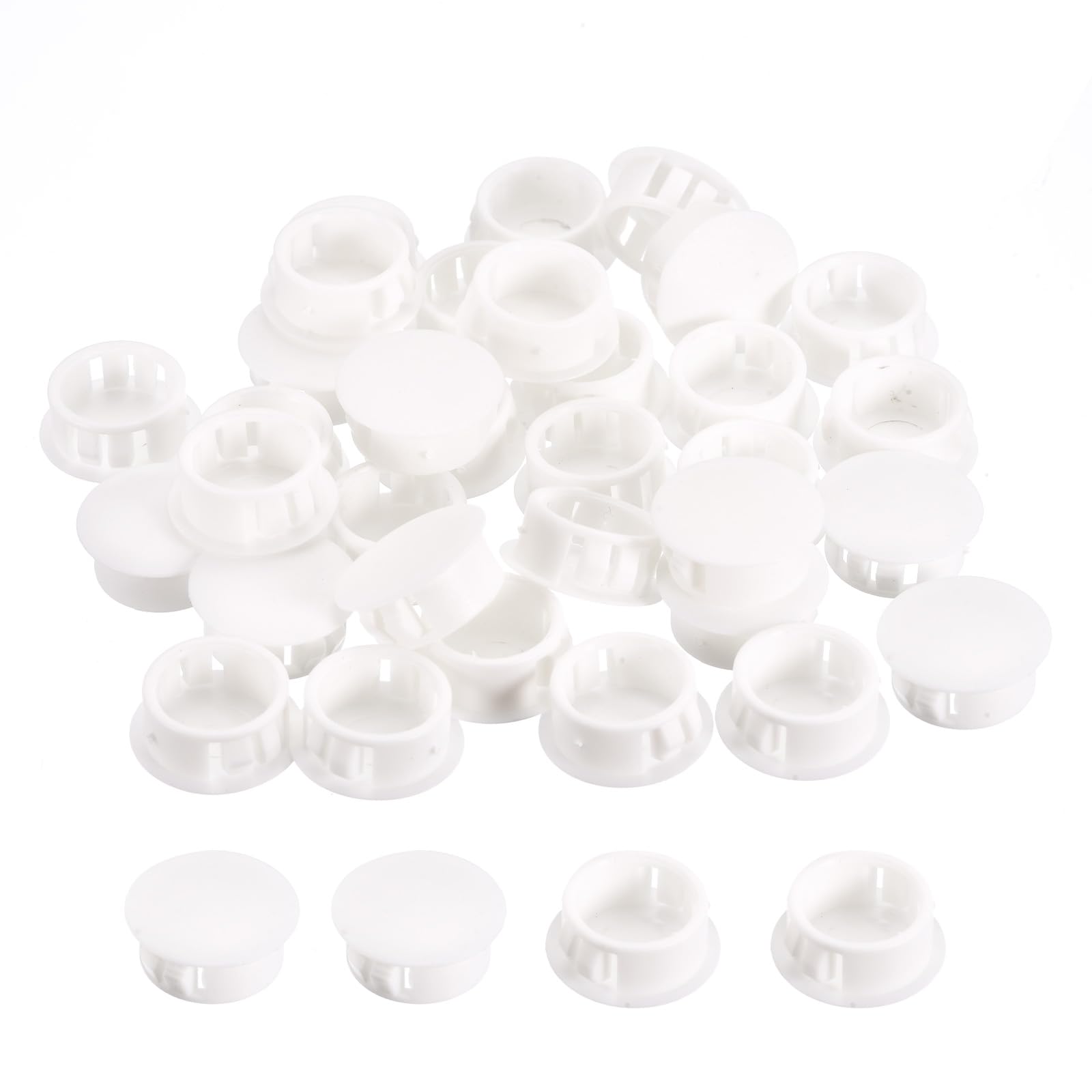 uxcell 25/32" Plastic Hole Plugs, 66Pcs Flush Type Panel Round Snap in Fastener Knockout Locking Plugs for Furniture Insert End Caps Panels, White