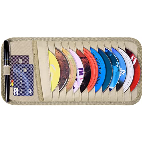 Car CD Case Holder, Wisdompro Vehicle Sun Visor Organizer for Cars with 12 DVD Storage Sleeves, 1 Mesh Pocket, 1 Pen Holder and Elastic Strap, Khaki