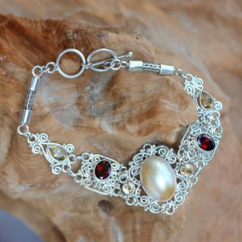 NOVICA Artisan Handmade Cultured Pearl Garnet Filigree Bracelet Balinese Gemstone Silver Lace Sterling Citrine Multigem White Pendant Indonesia Birthstone [7 in min L x 7.5 in max L x 1.1 in W] '2