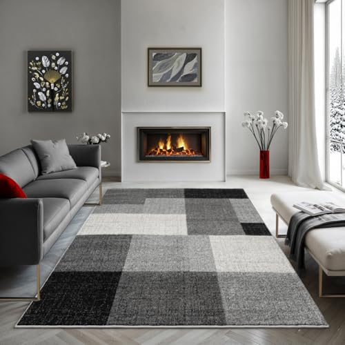 the carpet Pearl – Moderner Kurzflor Teppich, dichter Flor, geometrisches Muster, Konturenschnitt, Wohnzimmer & Schlafzimmer Teppich, Kariert, Grau, 140 x 200 cm